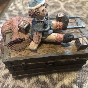 Charming Doll Figurine on Rustic Chest trinket box 1998
